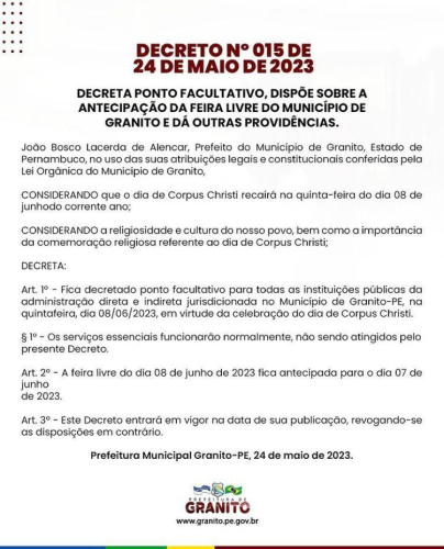 DECRETO Nº 15/2023: ANTECIPAÇÃO DA FEIRA LIVRE!
