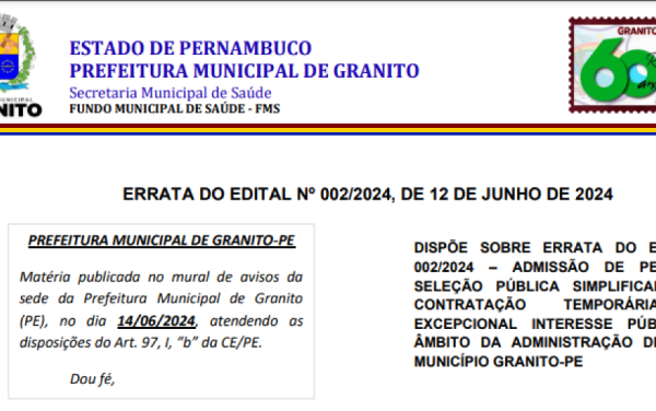 ERRATA AO EDITAL Nº 002/2024, DE 12 DE JUNHO DE 2024.