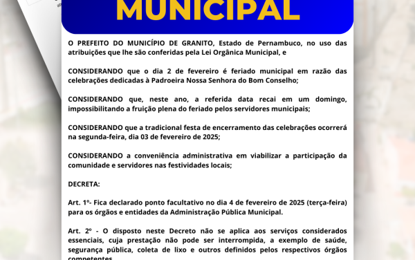 Granito Declara Ponto Facultativo no Dia 4 de Fevereiro de 2025