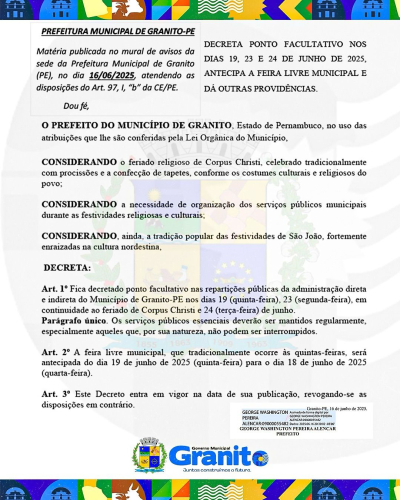 Decreto Municipal nº 030/2025 estabelece ponto facultativo e antecipa feira livre em Granito